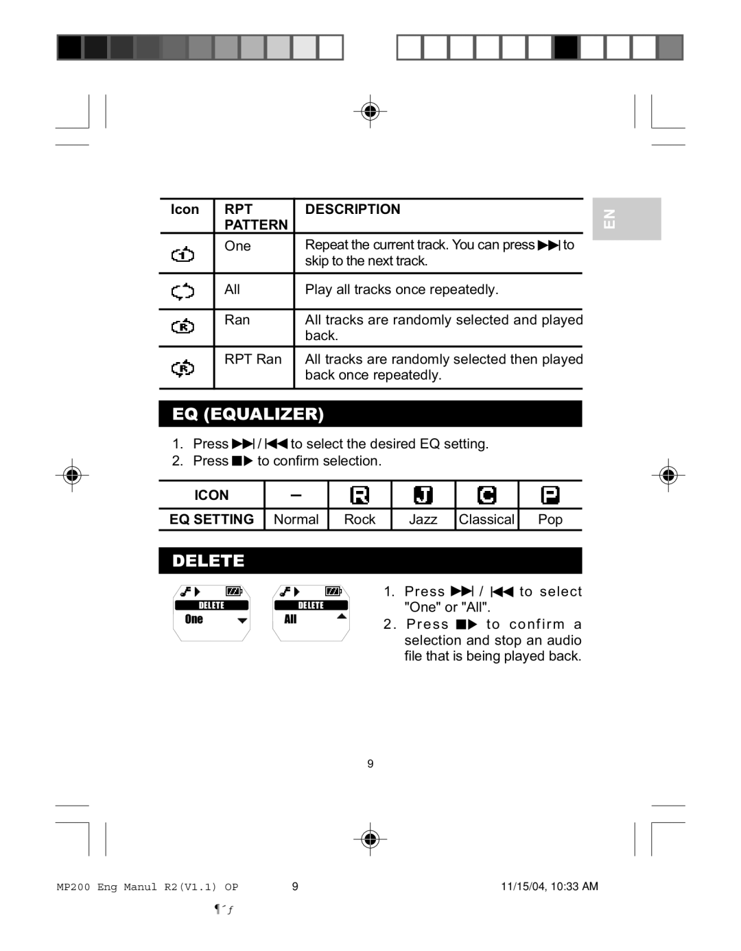 Oregon MP200 user manual EQ Equalizer, Delete, RPT Description Pattern, Icon 