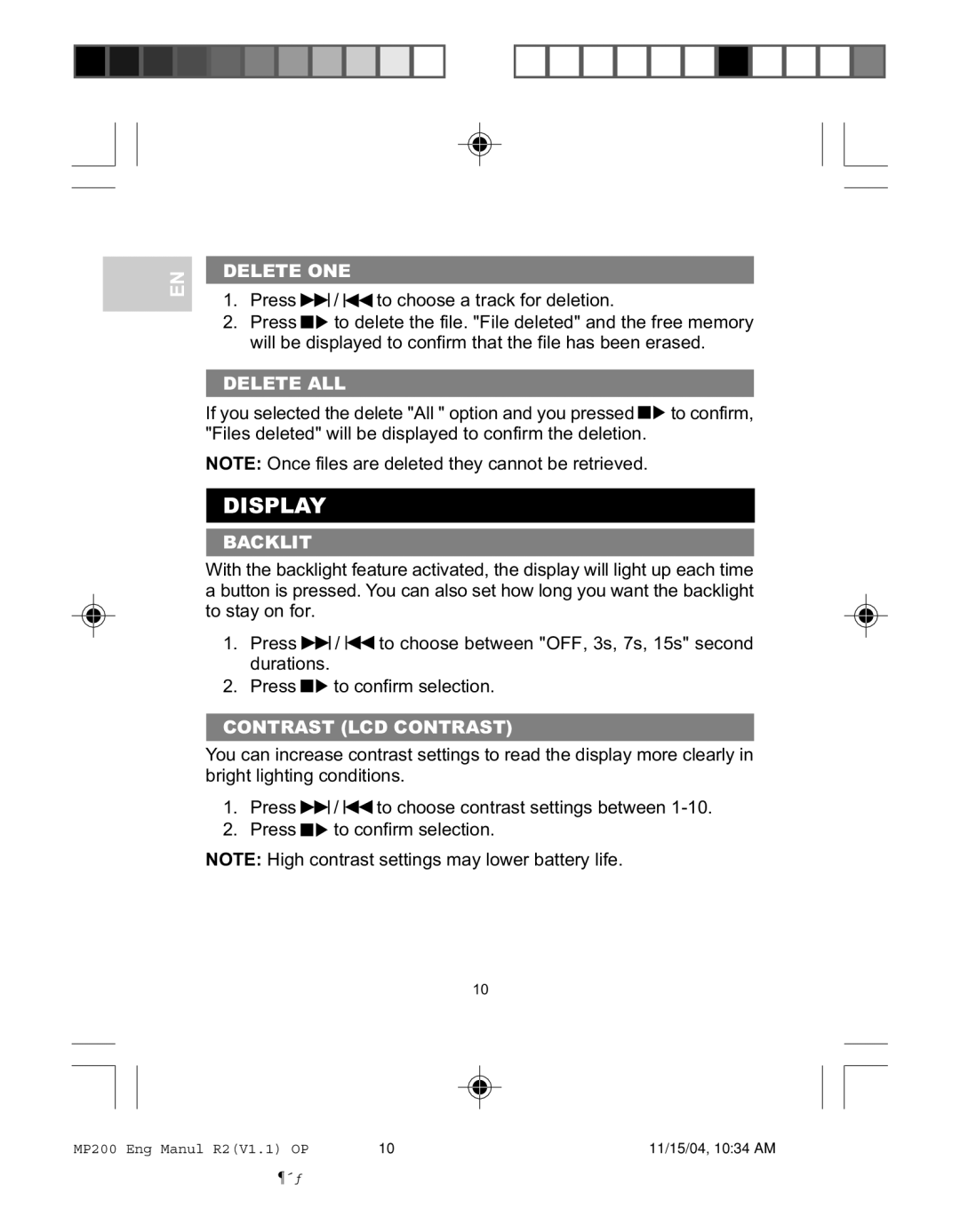 Oregon MP200 user manual Display, Delete ONE, Delete ALL, Backlit, Contrast LCD Contrast 