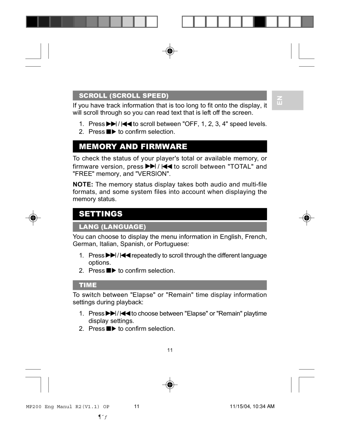 Oregon MP200 user manual Memory and Firmware, Settings, Scroll Scroll Speed, Lang Language, Time 