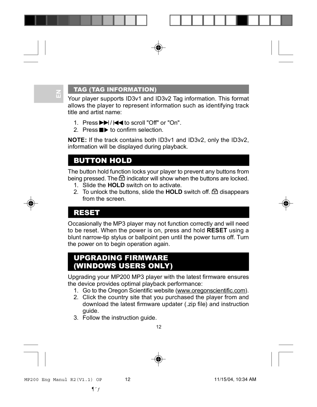 Oregon MP200 user manual Button Hold, Reset, Upgrading Firmware Windows Users only, TAG TAG Information 