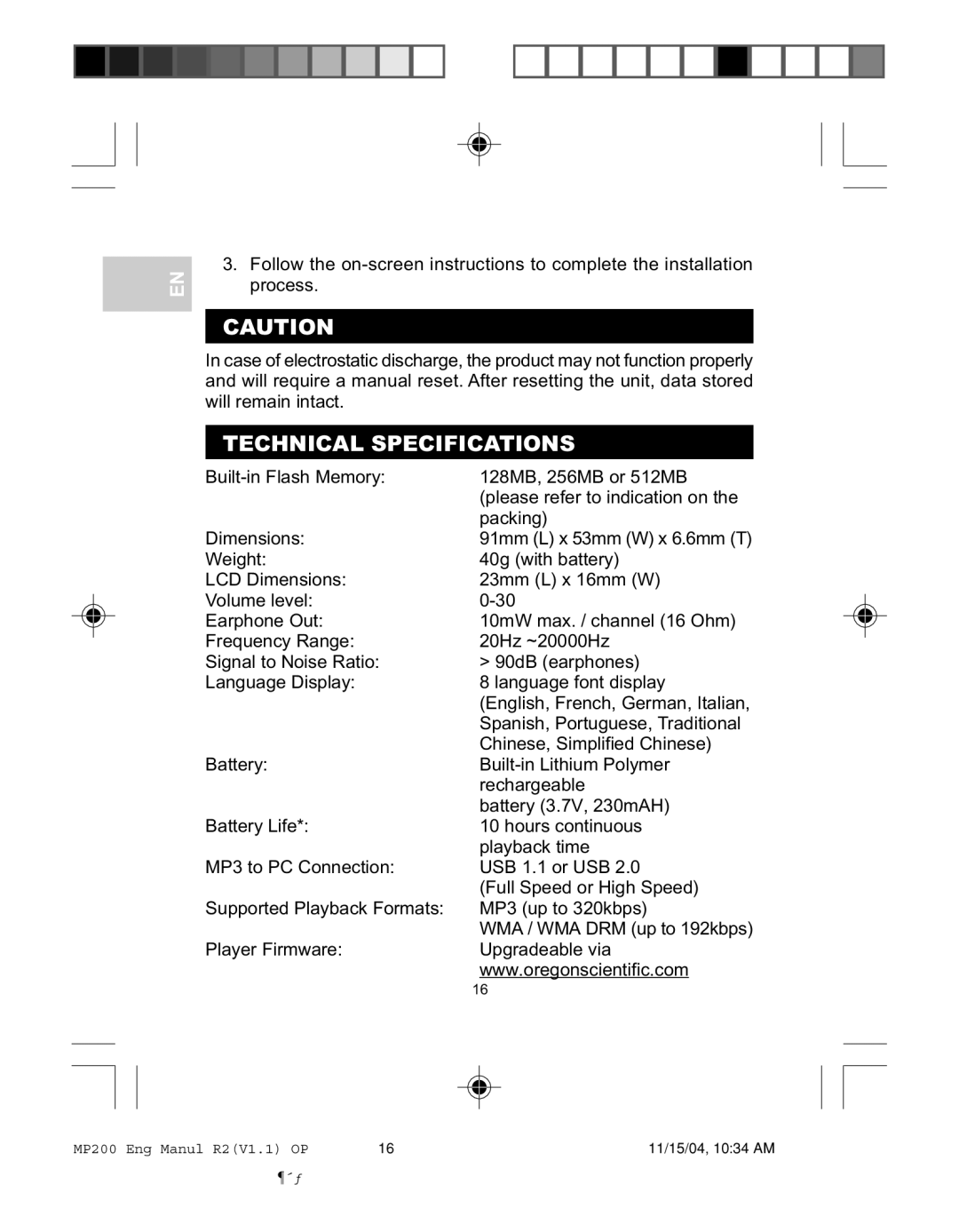 Oregon MP200 user manual Technical Specifications 