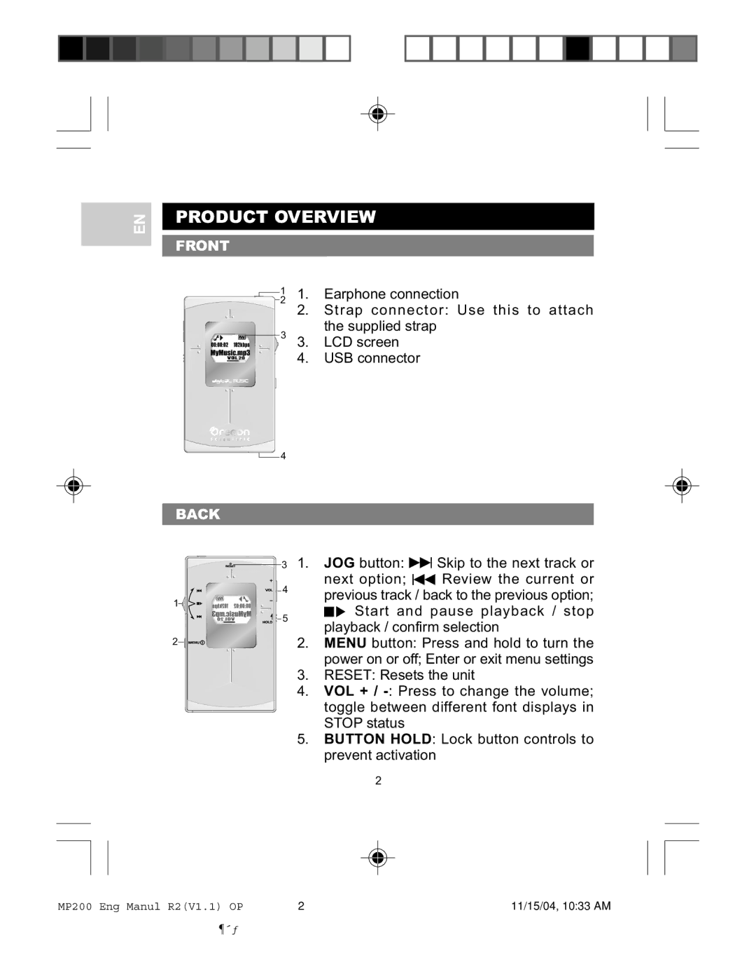 Oregon MP200 user manual Product Overview, Front, Back 