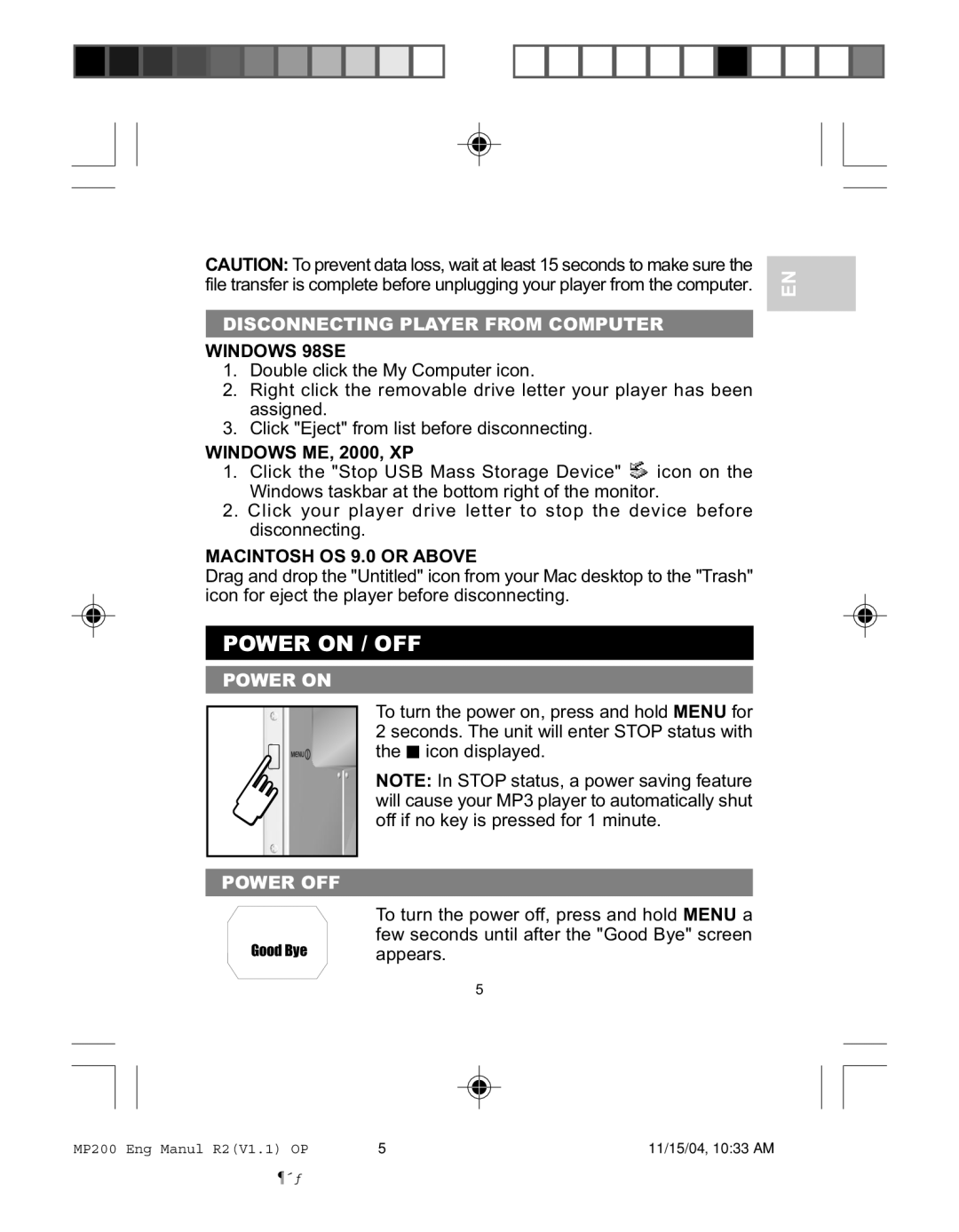 Oregon MP200 user manual Power on / OFF, Disconnecting Player from Computer, Power on Power OFF 