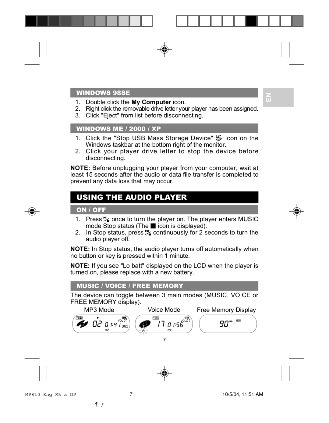 Oregon MP810 user manual Using the Audio Player, Windows 98SE, On / OFF, Music / Voice / Free Memory 