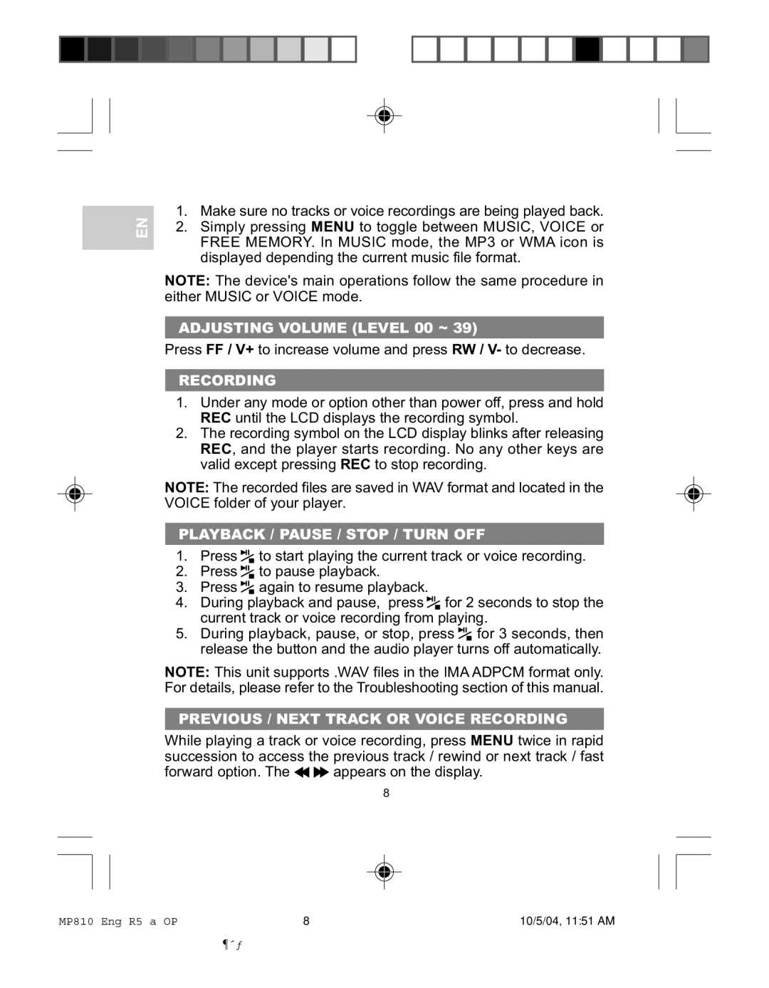 Oregon MP810 user manual Adjusting Volume Level 00 ~, Recording, Playback / Pause / Stop / Turn OFF 