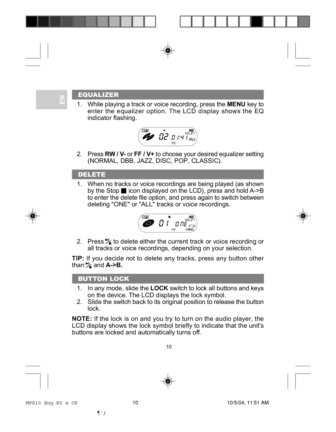 Oregon MP810 user manual Equalizer, Delete, Button Lock 