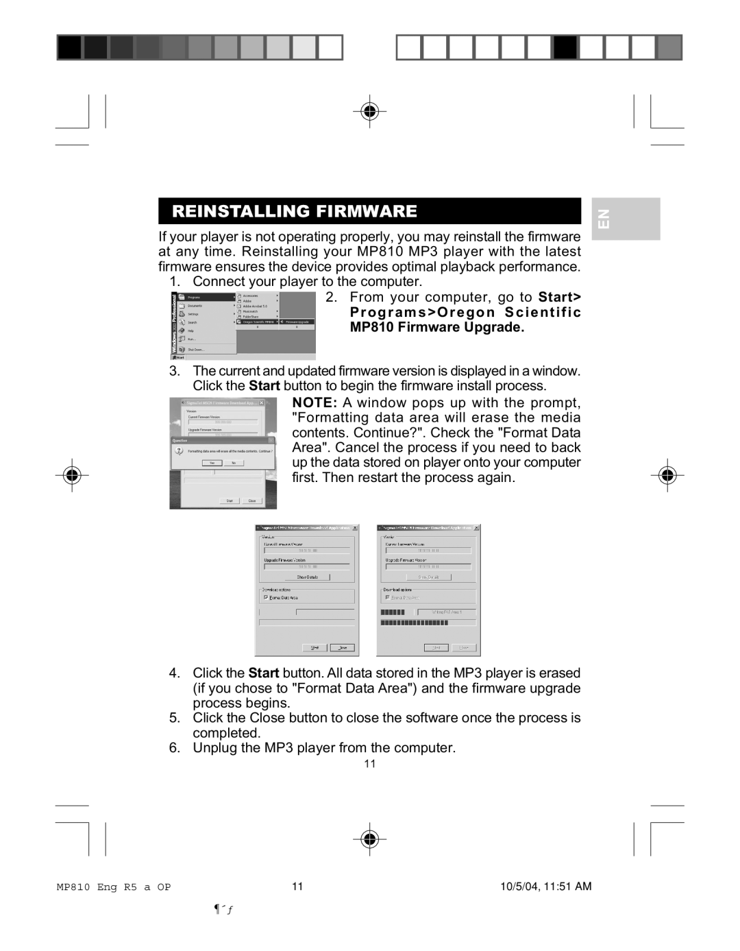 Oregon user manual Reinstalling Firmware, ProgramsOregon Scientific MP810 Firmware Upgrade 