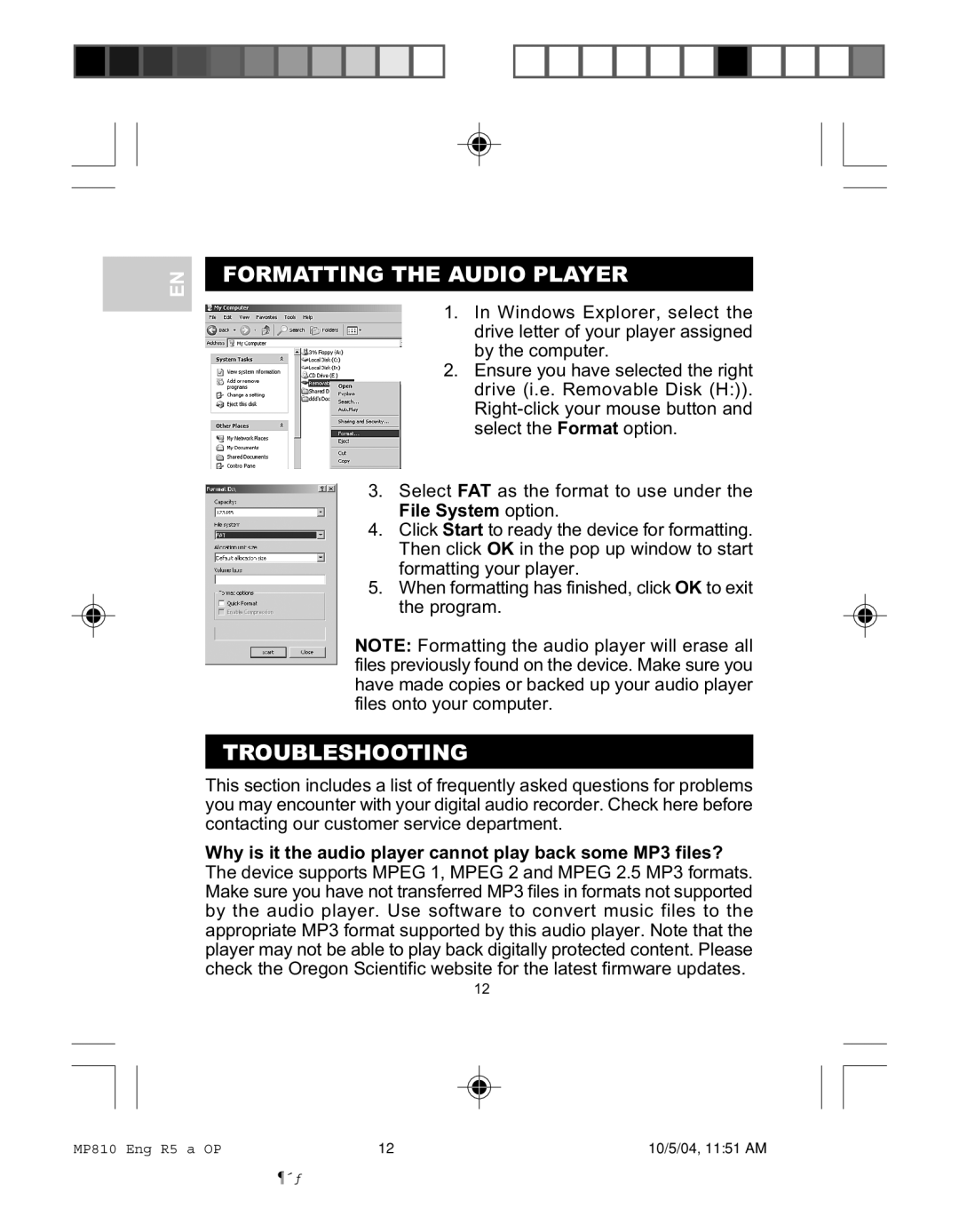 Oregon MP810 user manual Formatting the Audio Player, Troubleshooting 