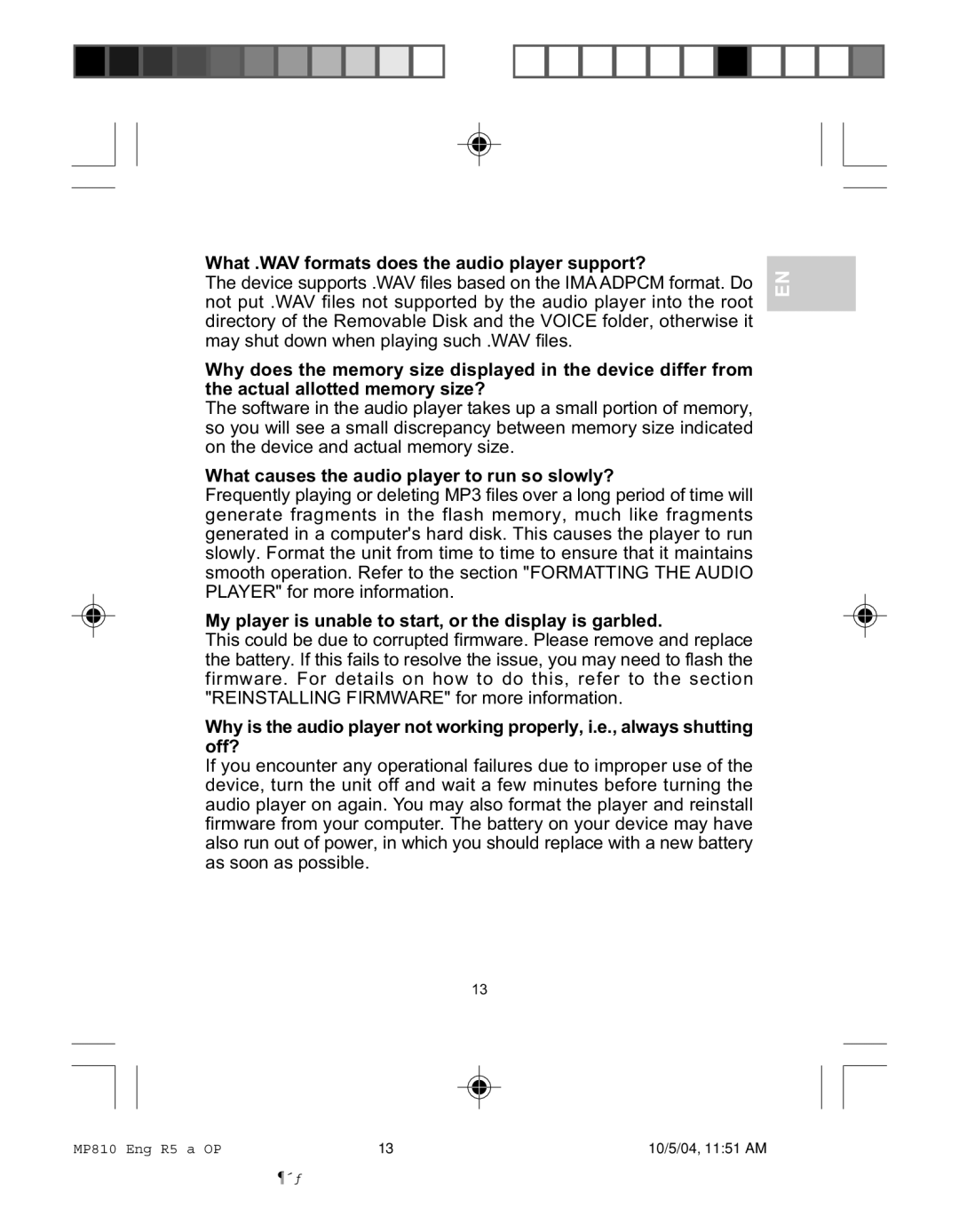 Oregon MP810 user manual What .WAV formats does the audio player support?, What causes the audio player to run so slowly? 