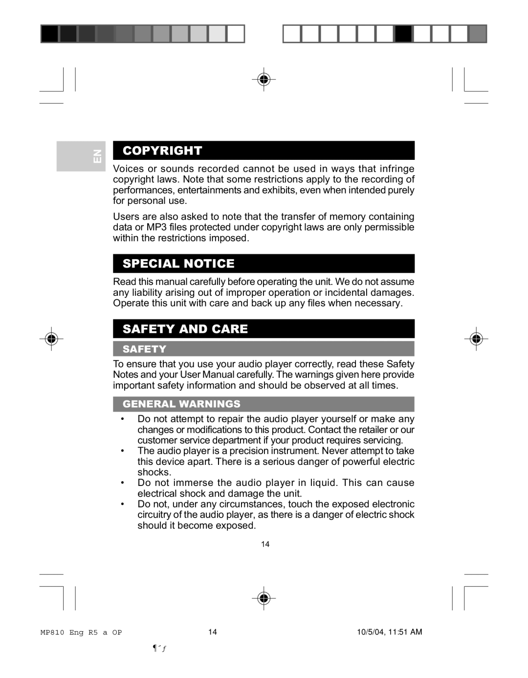 Oregon MP810 user manual Copyright, Special Notice, Safety and Care, Safety General Warnings 