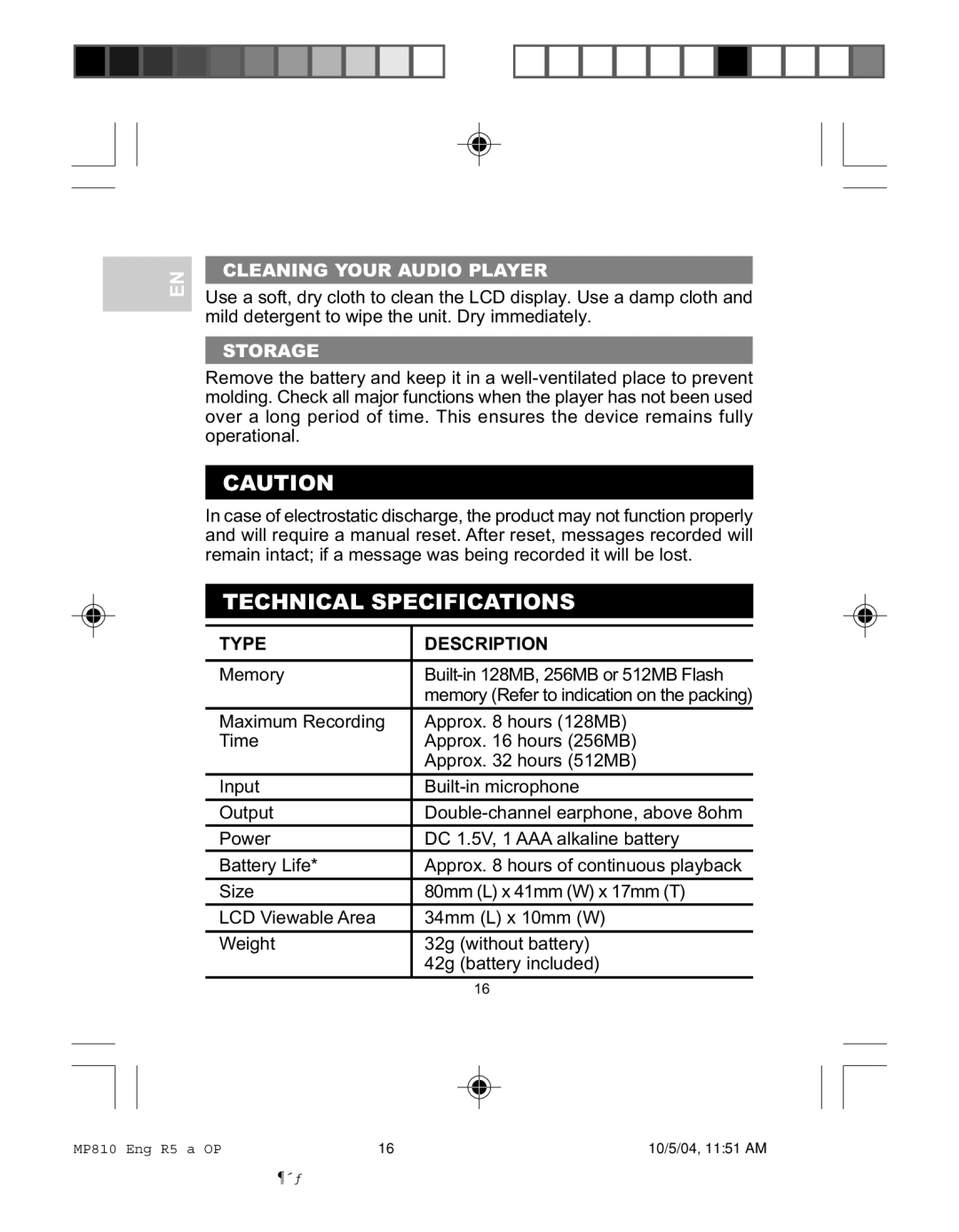 Oregon MP810 user manual Technical Specifications, Cleaning Your Audio Player, Storage, Type Description 