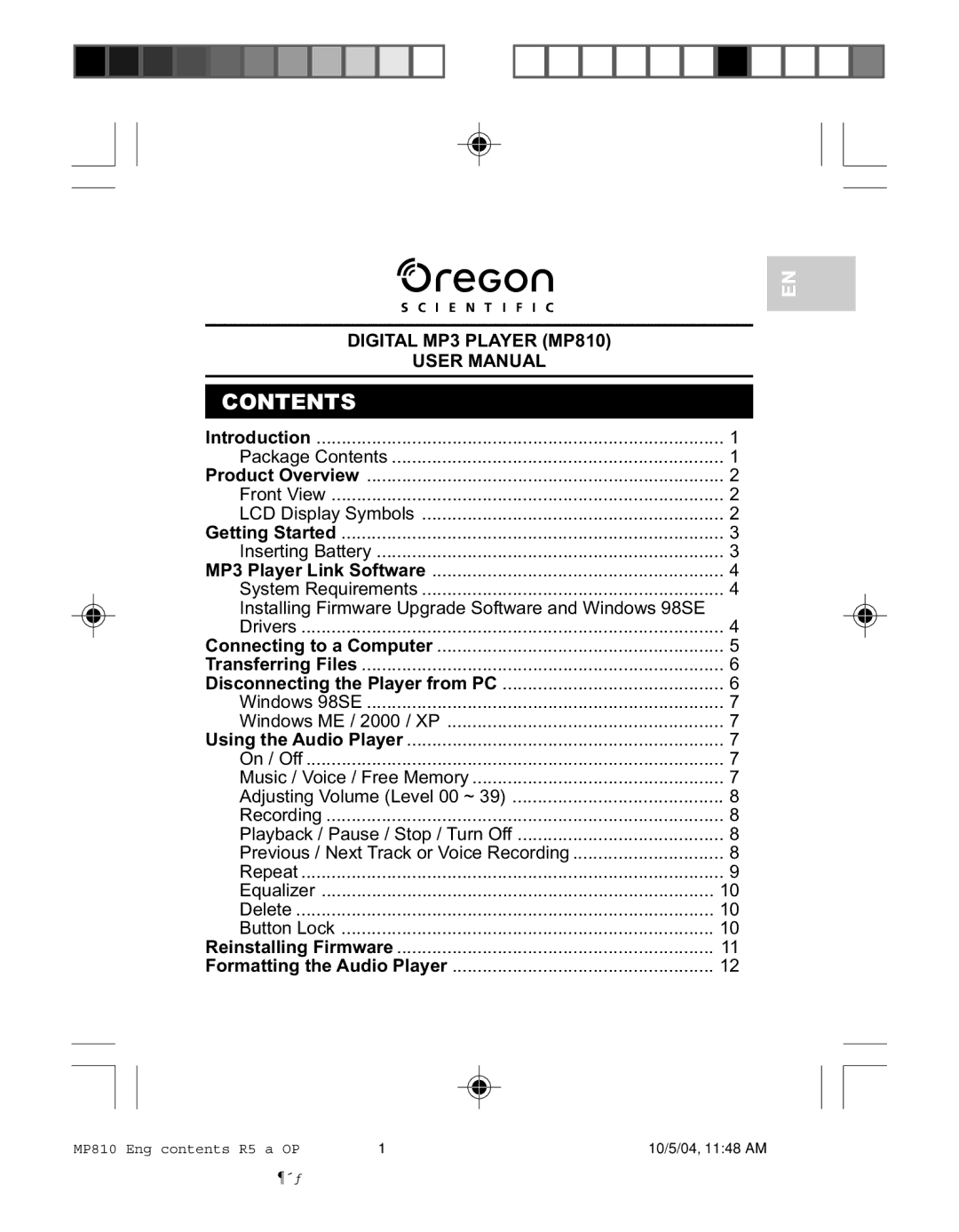 Oregon MP810 user manual Contents 