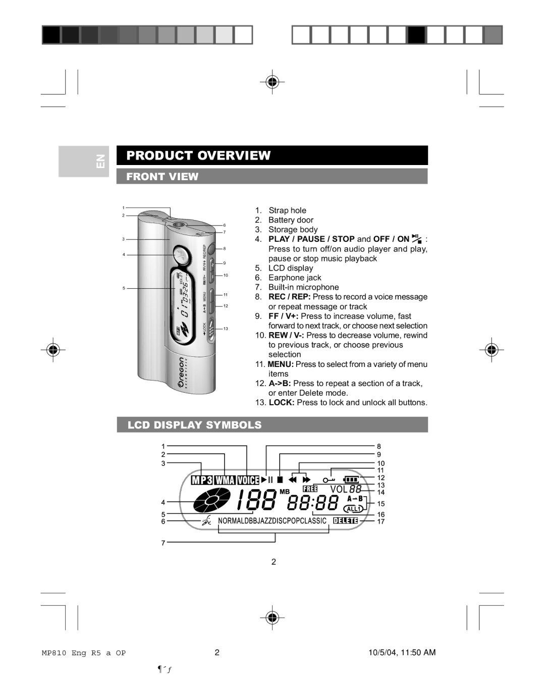 Oregon MP810 user manual Product Overview, Front View, LCD Display Symbols 