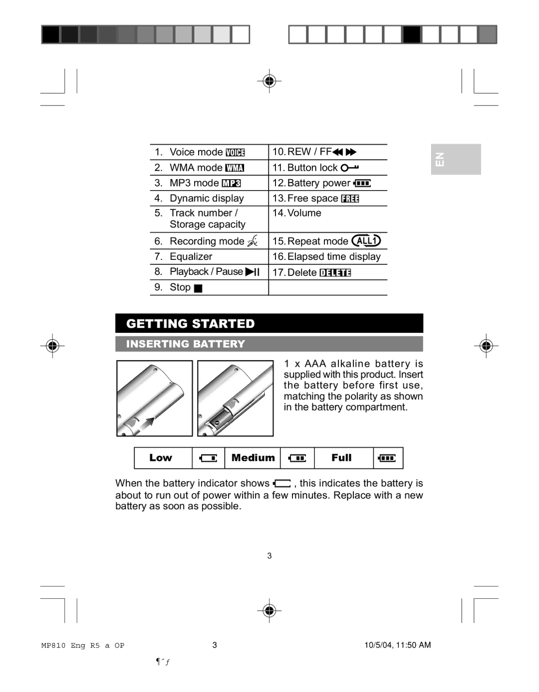 Oregon MP810 user manual Getting Started, Inserting Battery, Low, Full 