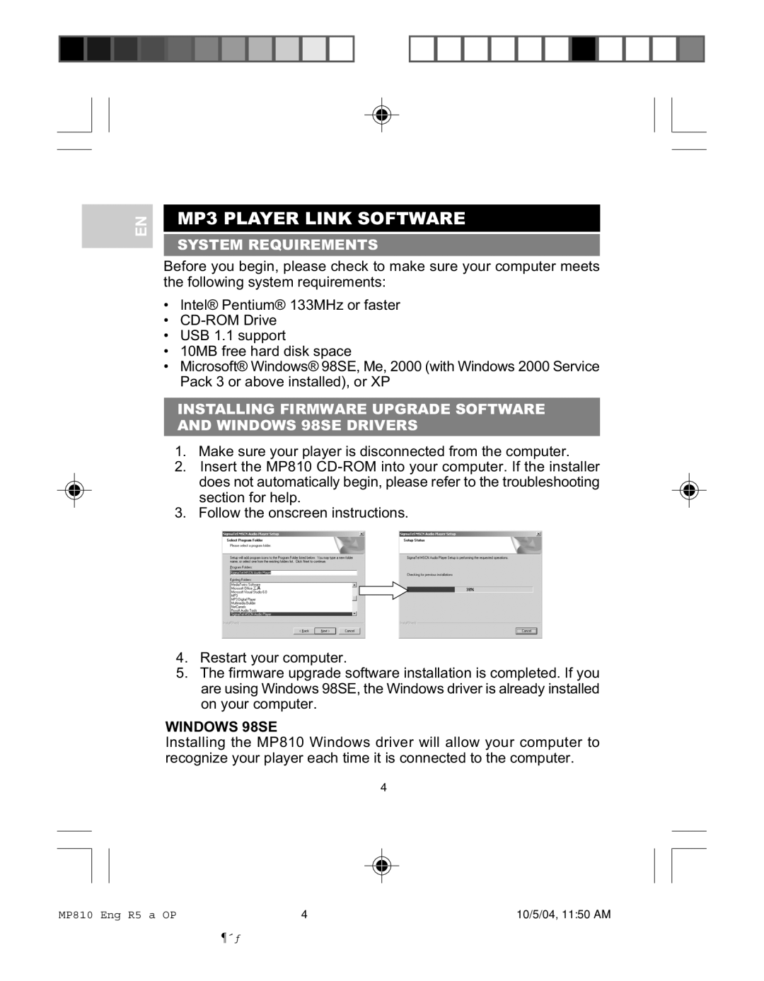 Oregon MP810 user manual MP3 Player Link Software, System Requirements, Windows 98SE 