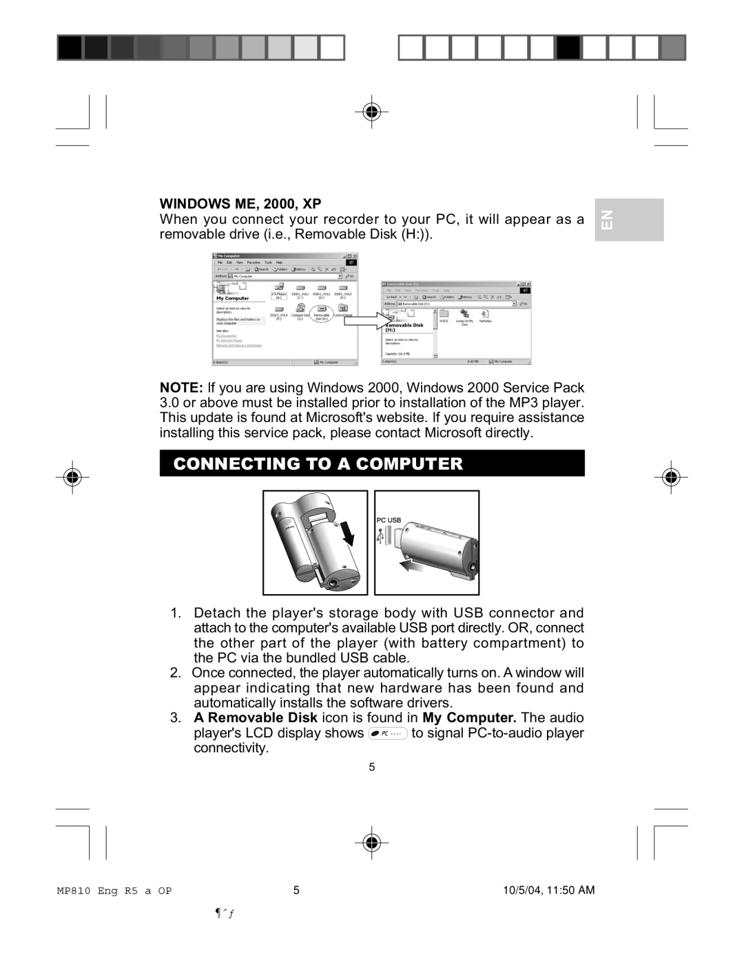 Oregon MP810 Connecting to a Computer, Windows ME, 2000, XP, Removable Disk icon is found in My Computer. The audio 