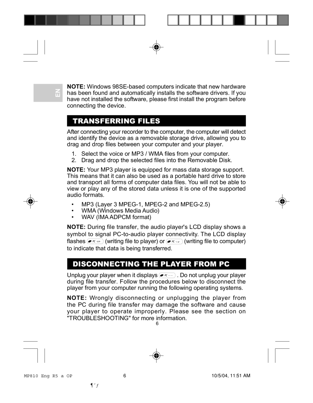 Oregon MP810 user manual Transferring Files, Disconnecting the Player from PC 