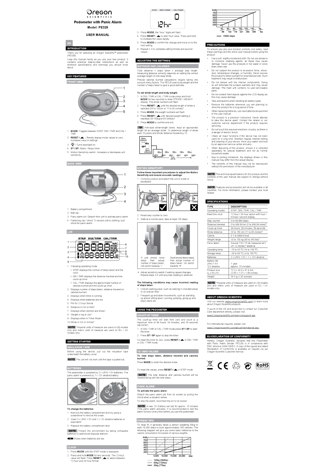 Oregon PE329 user manual Pedometer with Panic Alarm 