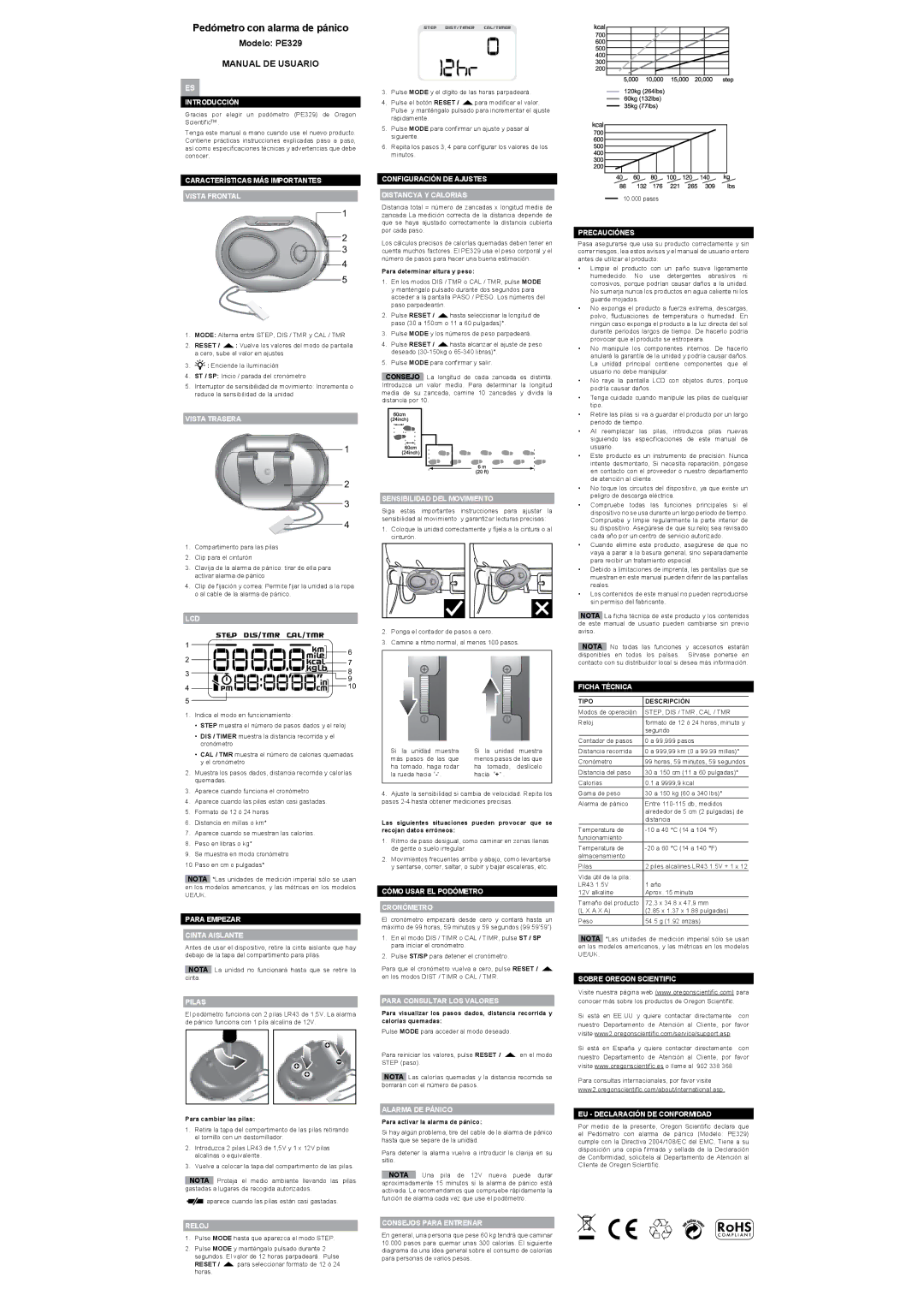 Oregon user manual Pedómetro con alarma de pánico, Modelo PE329, Manual DE Usuario 