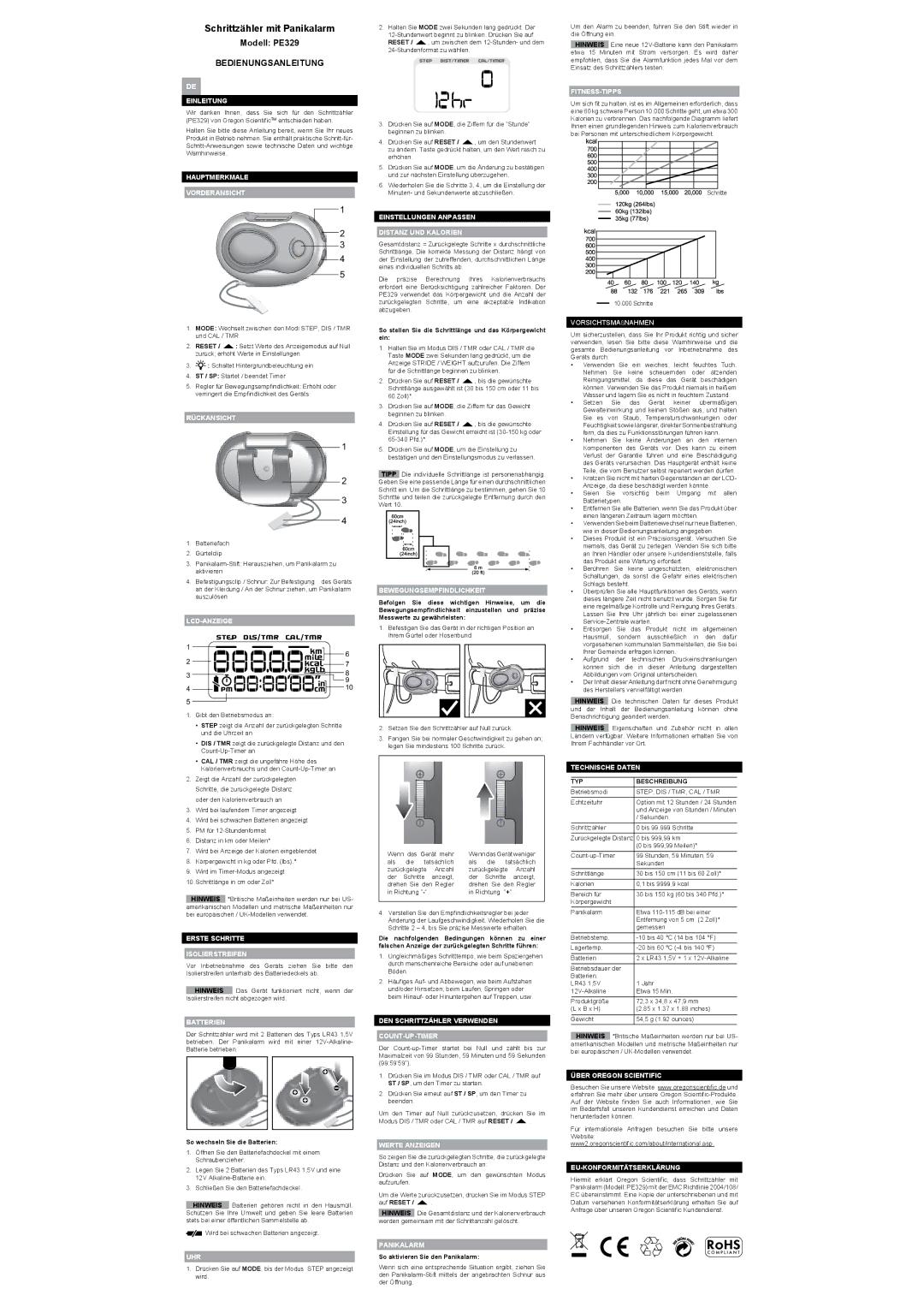 Oregon PE329 user manual Schrittzähler mit Panikalarm, Bedienungsanleitung 