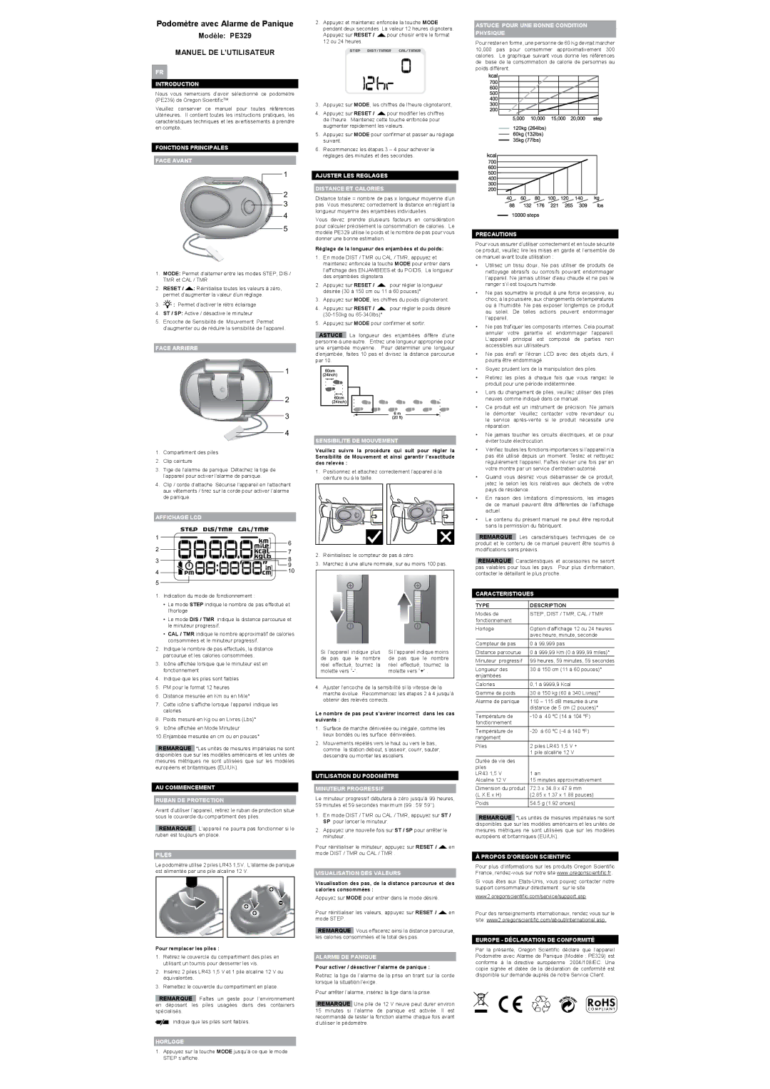 Oregon PE329 user manual Podomètre avec Alarme de Panique, Manuel DE L’UTILISATEUR 