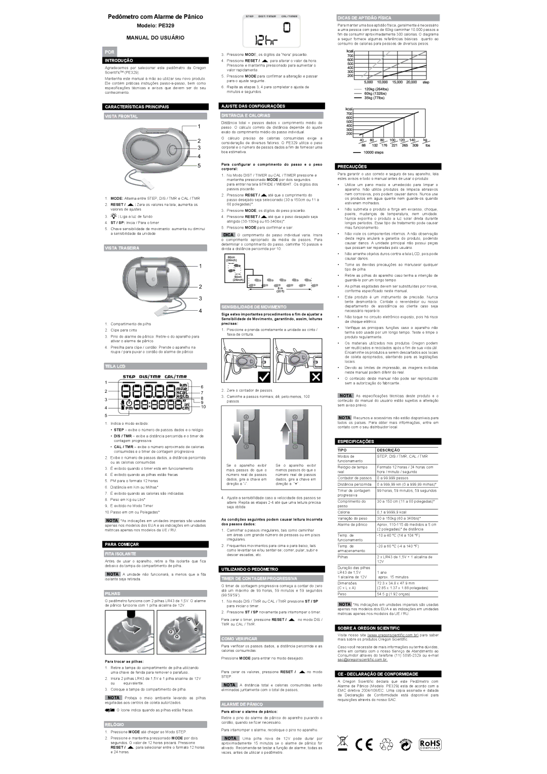 Oregon PE329 user manual Pedômetro com Alarme de Pânico, Manual do Usuário 