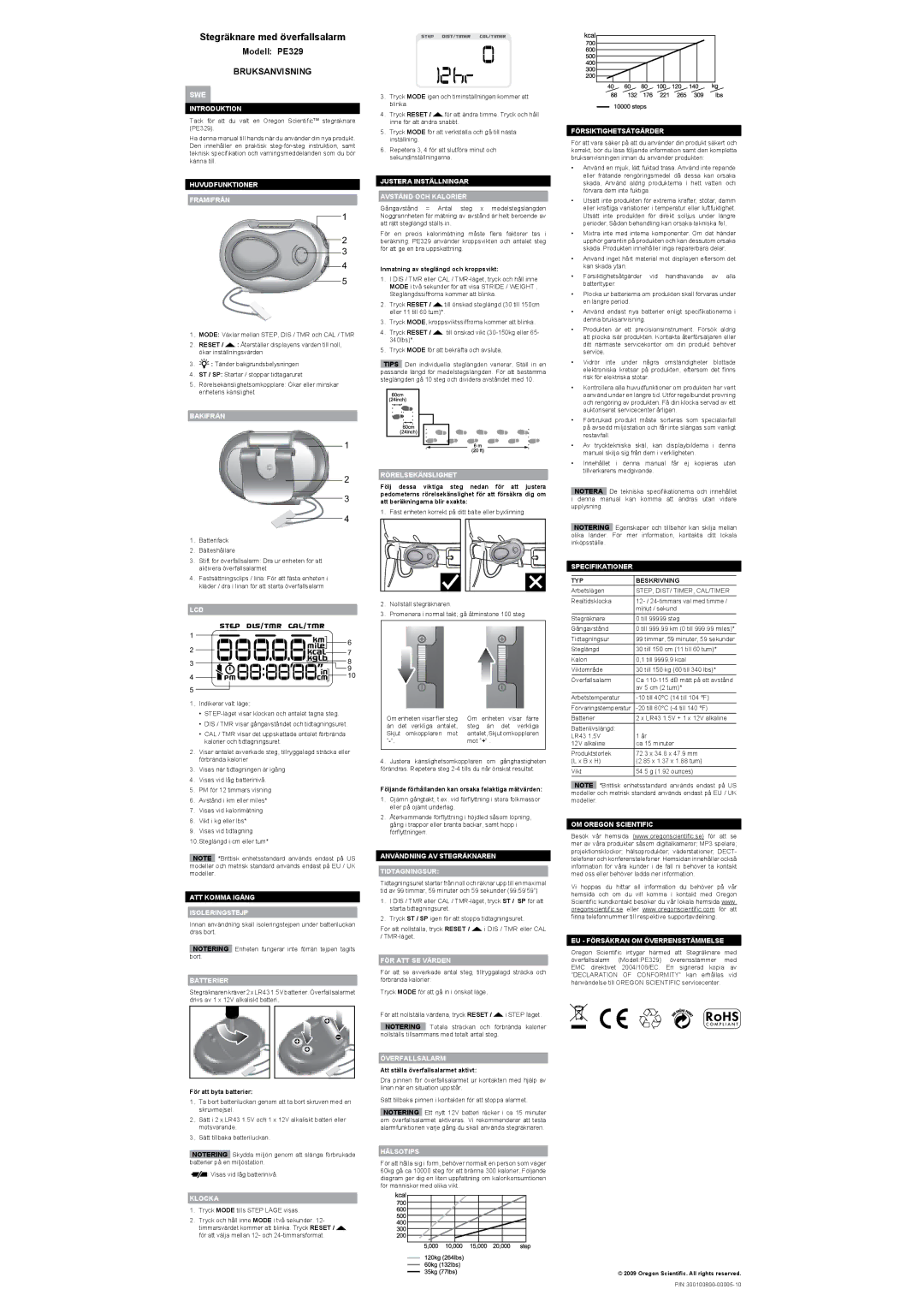 Oregon PE329 user manual Stegräknare med överfallsalarm, Bruksanvisning 