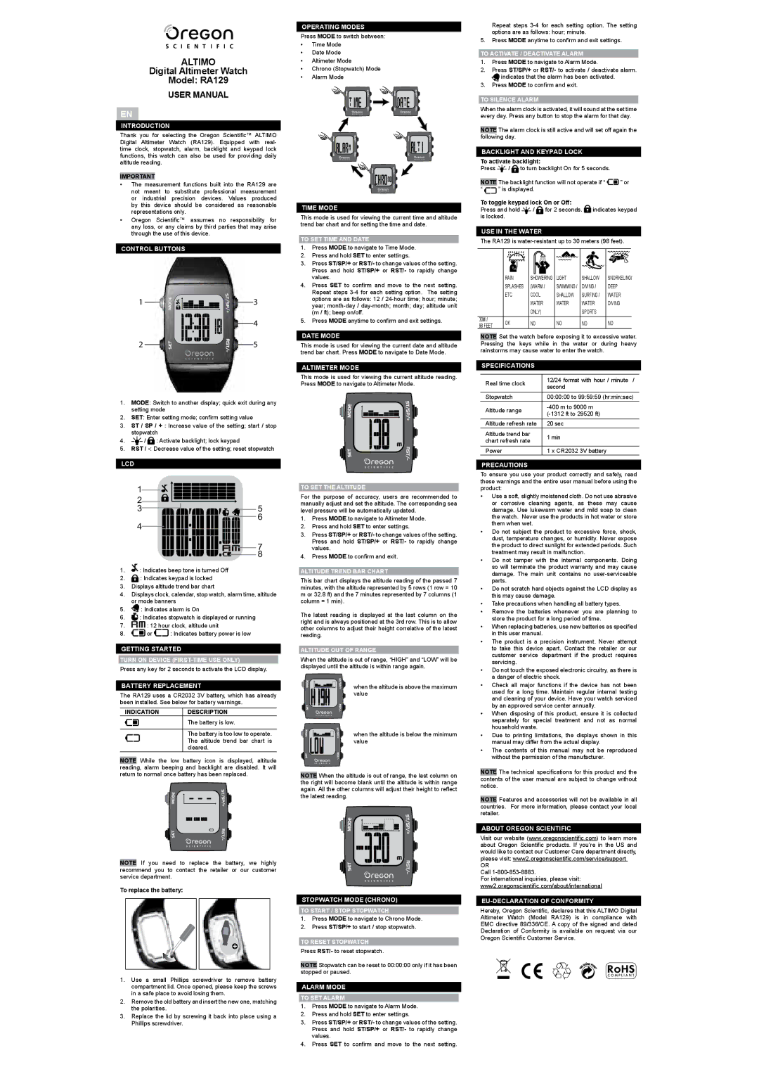 Oregon RA129 user manual Altimo 