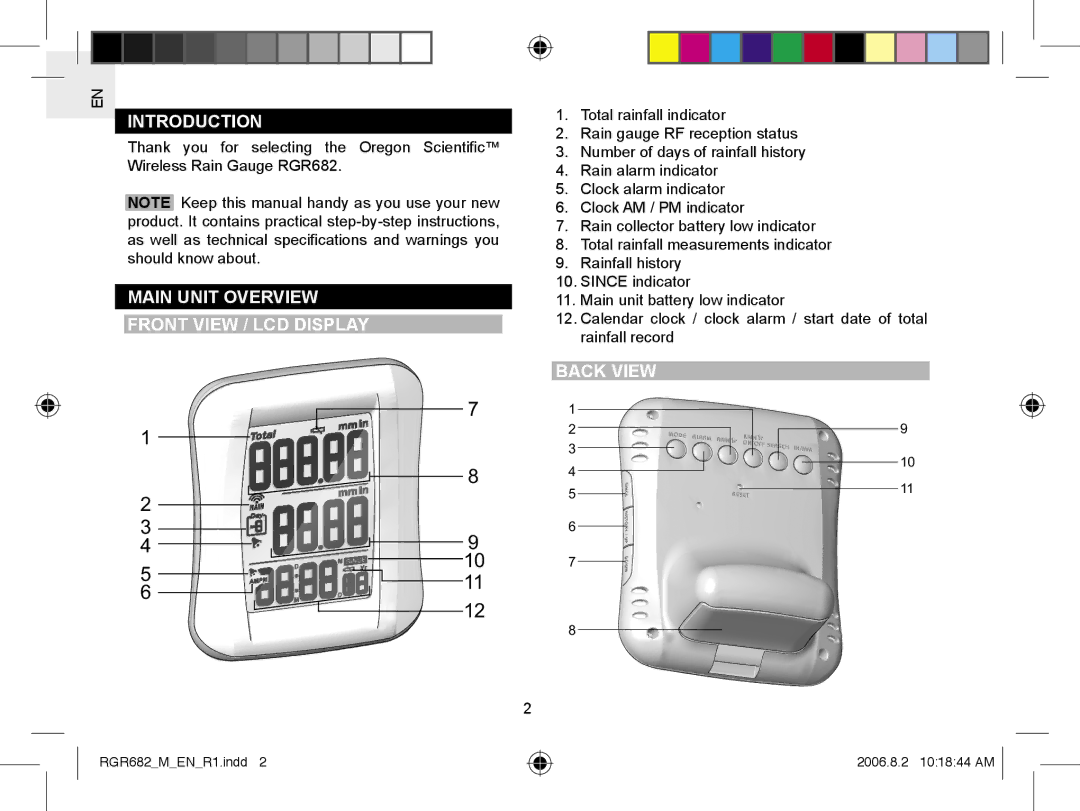 Oregon RGR682 user manual Introduction, Main Unit Overview Front View / LCD Display, Back View 