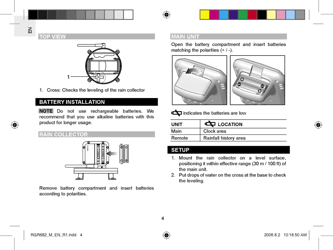 Oregon RGR682 user manual TOP View, Battery Installation Rain Collector, Main Unit, Setup 