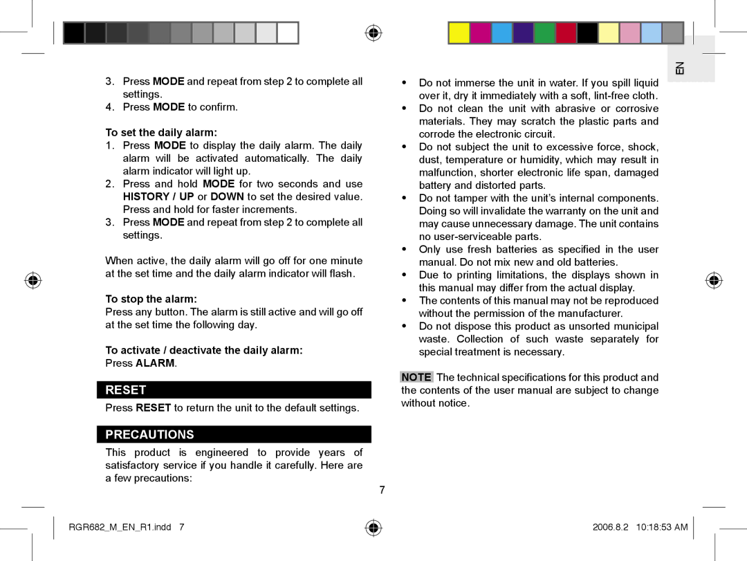 Oregon RGR682 user manual Reset, Precautions, To set the daily alarm, To stop the alarm 