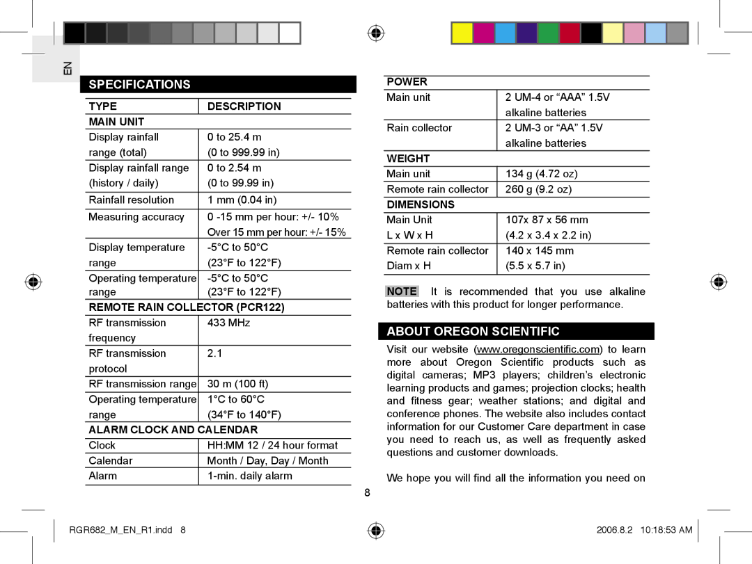 Oregon RGR682 user manual Specifications, About Oregon Scientific 