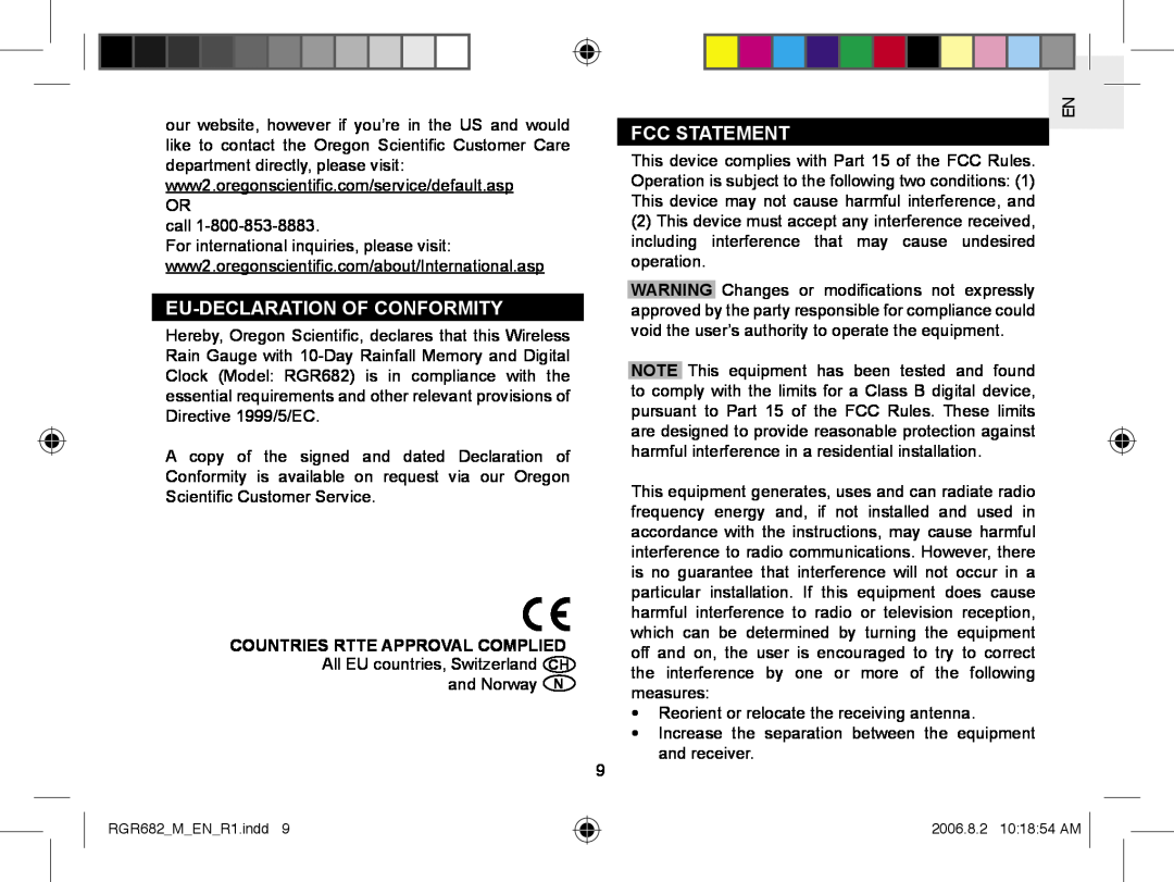 Oregon RGR682 user manual Eu-Declaration Of Conformity, Fcc Statement 