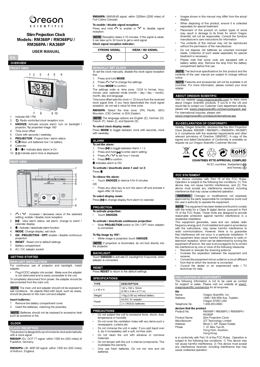 Oregon RM368P user manual Overview Front View, Rear View, Getting Started Main Unit Installation, Clock Clock Reception 