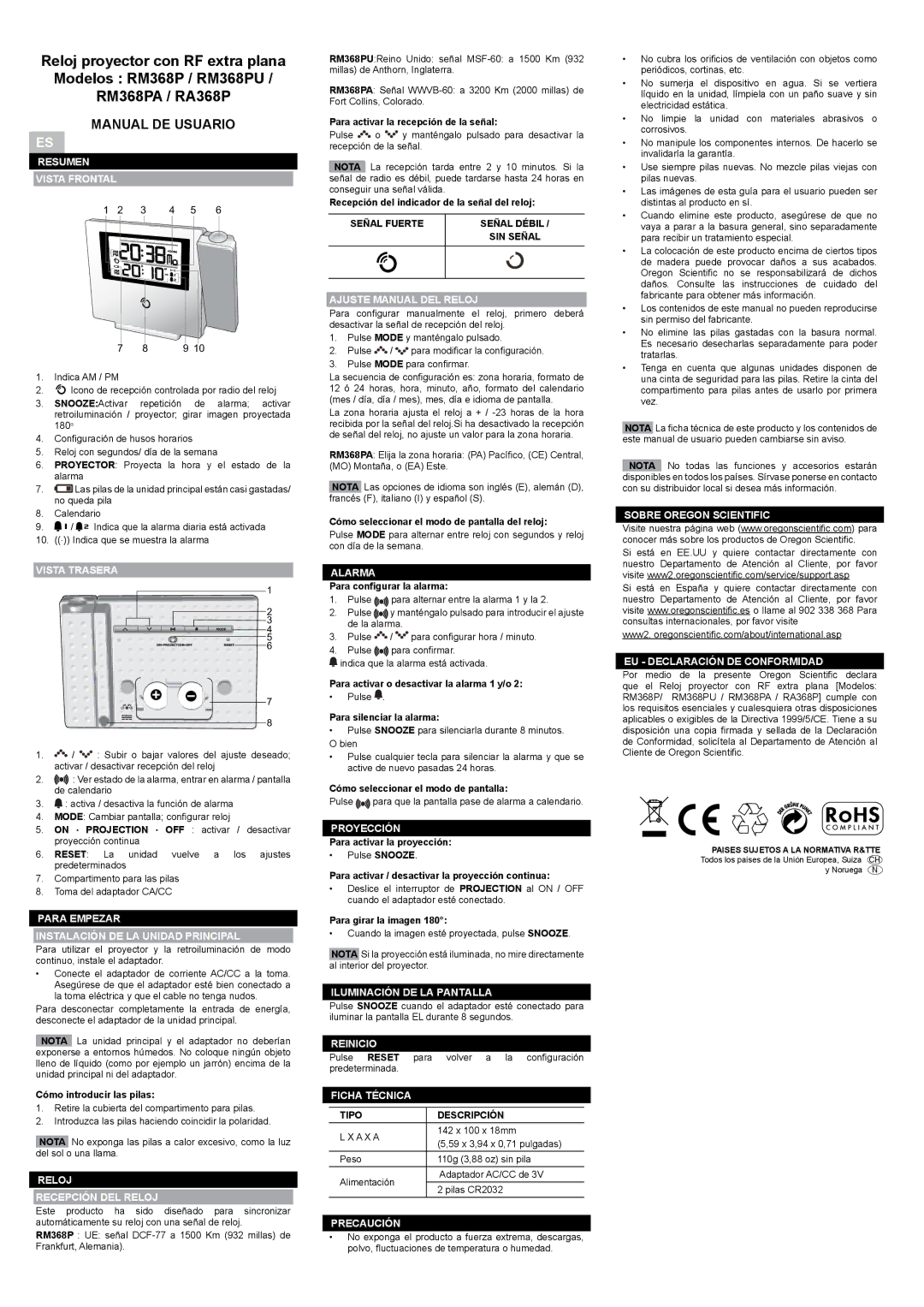 Oregon RM368PA, RM368PU, RA368P user manual Manual DE Usuario 