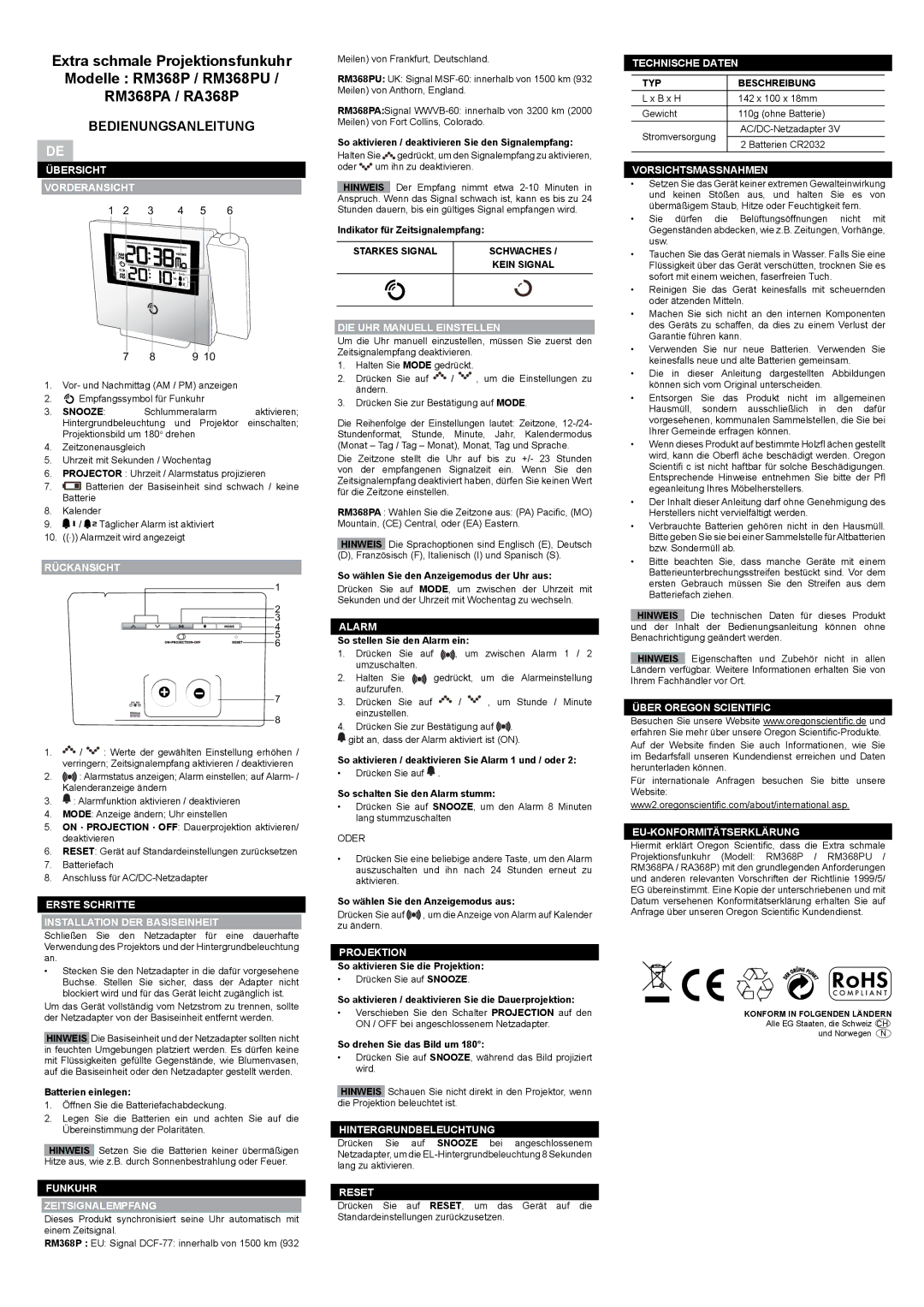 Oregon RA368P, RM368PU, RM368PA user manual Bedienungsanleitung 