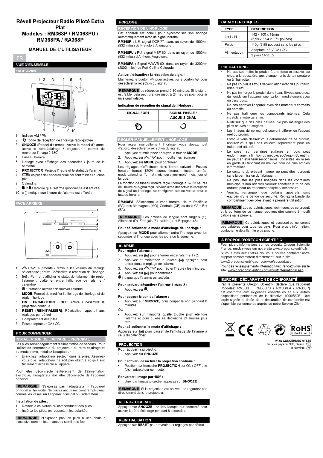 Oregon RM368PU, RM368PA, RA368P user manual Manuel DE L’UTILISATEUR 