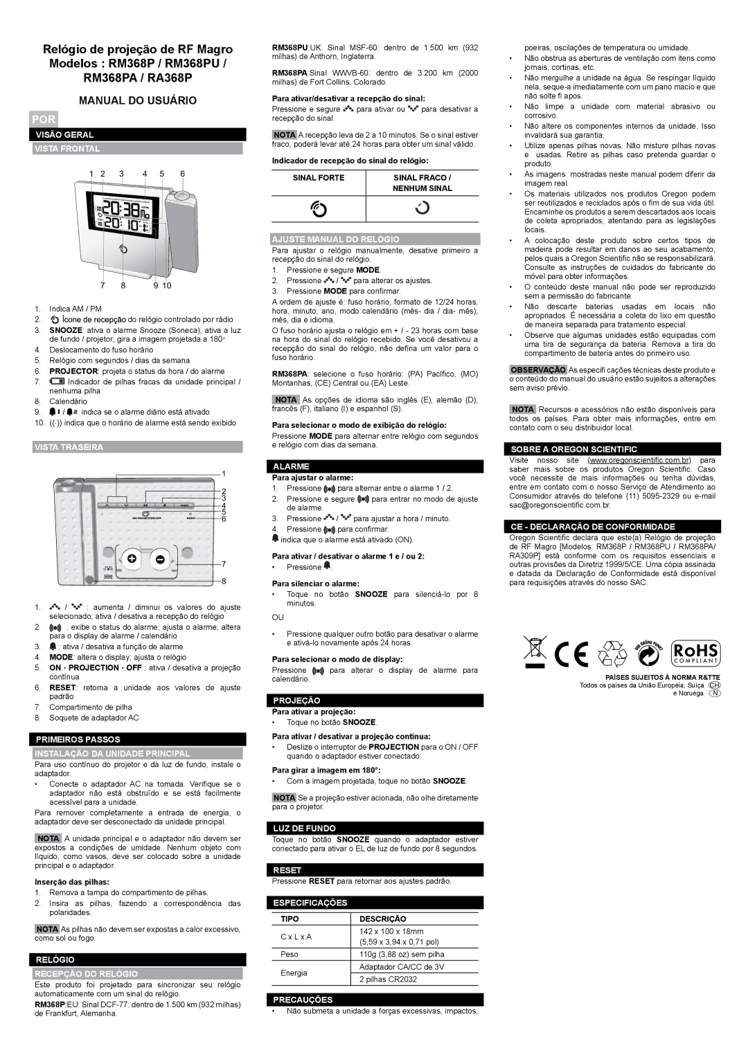 Oregon RA368P, RM368PU, RM368PA user manual Manual do Usuário, Por 