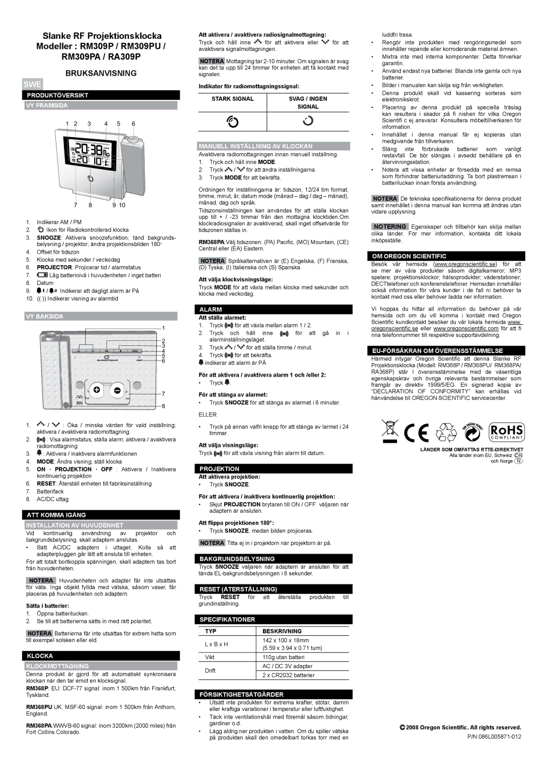 Oregon RM368PU, RM368PA, RA368P user manual Bruksanvisning, Swe 