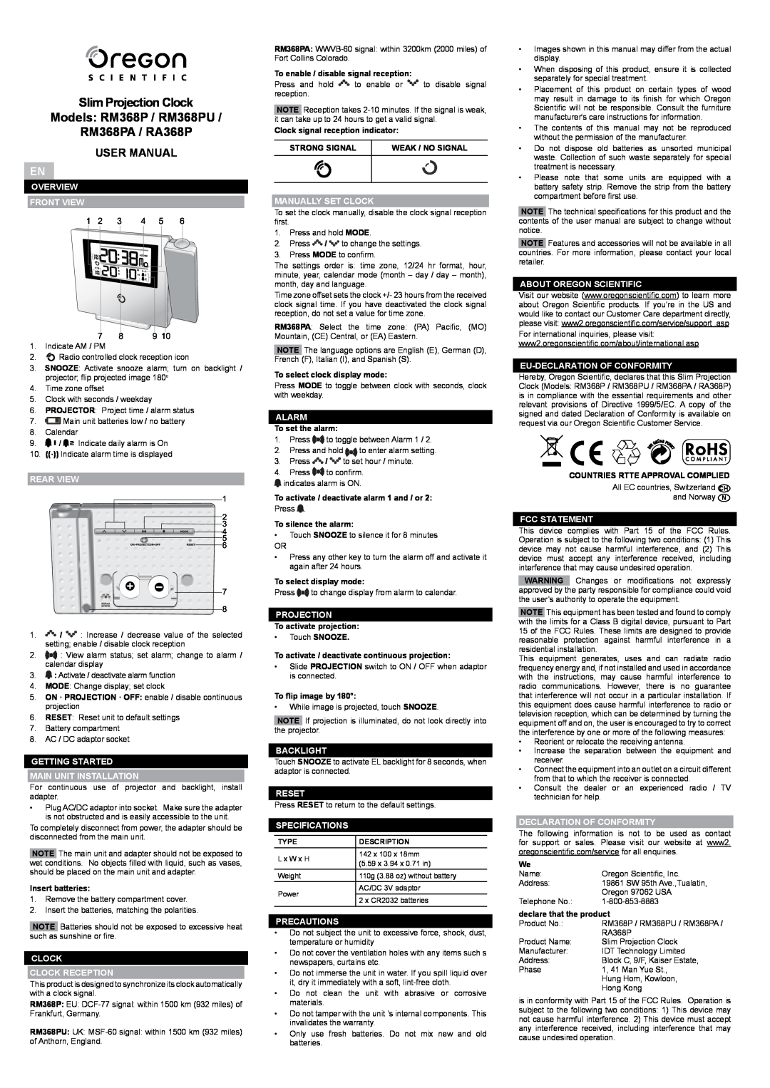 Oregon user manual Slim Projection Clock Models RM368P / RM368PU RM368PA / RA368P, User Manual 