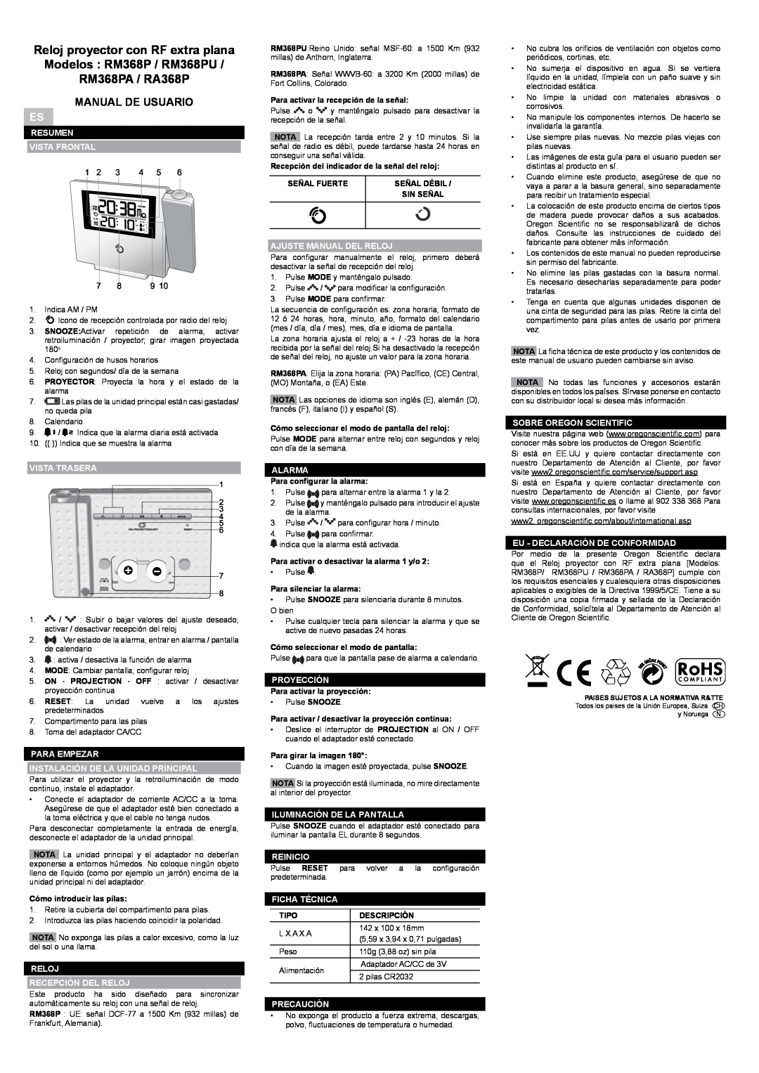 Oregon user manual Reloj proyector con RF extra plana Modelos RM368P / RM368PU, RM368PA / RA368P, Manual De Usuario 