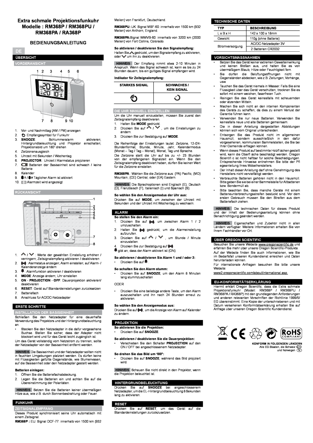 Oregon user manual Extra schmale Projektionsfunkuhr Modelle RM368P / RM368PU, Bedienungsanleitung, RM368PA / RA368P 