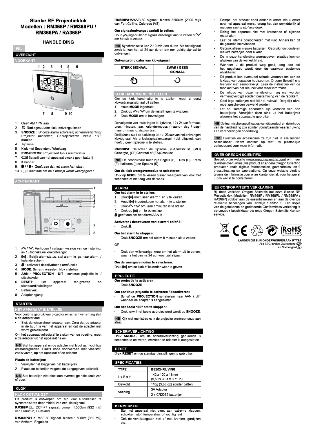 Oregon user manual Slanke RF Projectieklok Modellen RM368P / RM368PU RM368PA / RA368P, Handleiding 