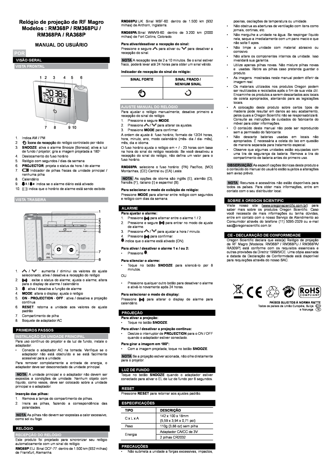 Oregon RA368P, RM368PU, RM368PA user manual Manual Do Usuário 