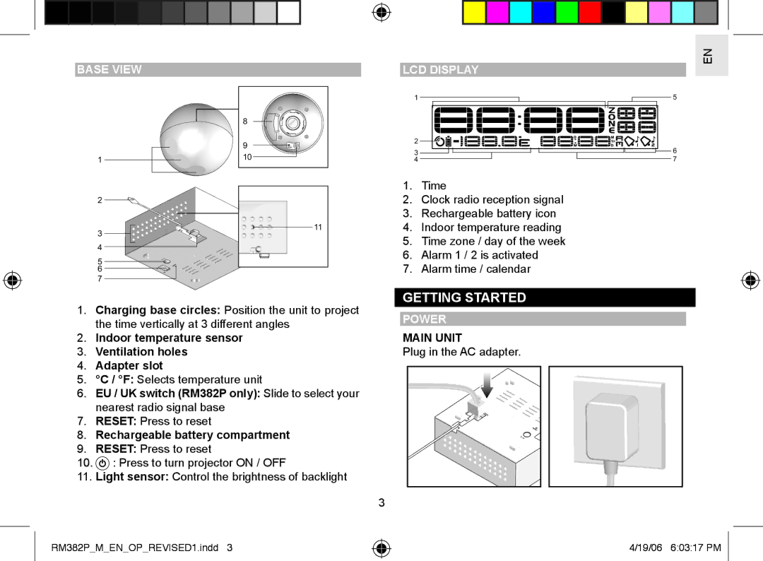 Oregon RM382P user manual Getting Started, Base View LCD Display, Rechargeable battery compartment, Power, Main Unit 