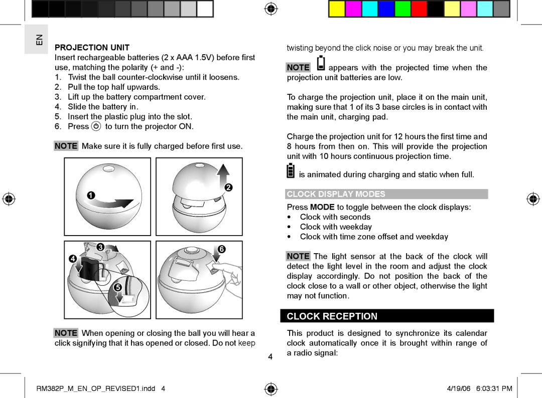 Oregon RM382P user manual Clock Reception, Projection Unit, Clock Display Modes 