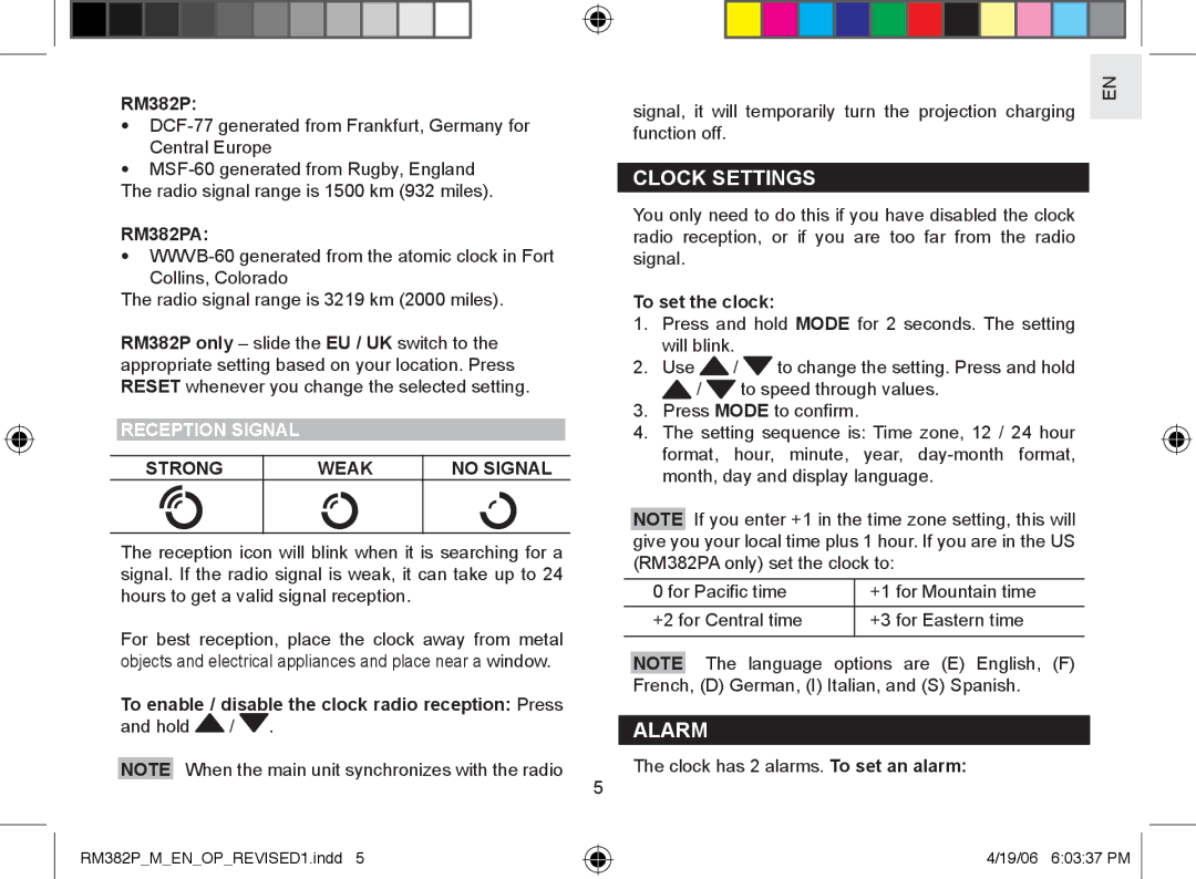 Oregon RM382P user manual Clock Settings, Alarm, Reception Signal, Strong Weak No Signal 