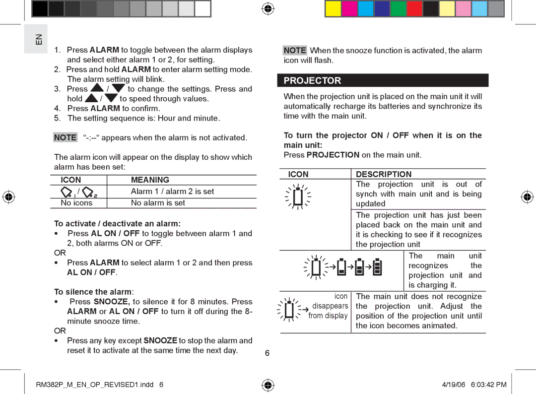 Oregon RM382P user manual Projector, Icon Meaning, To activate / deactivate an alarm, Icon Description 