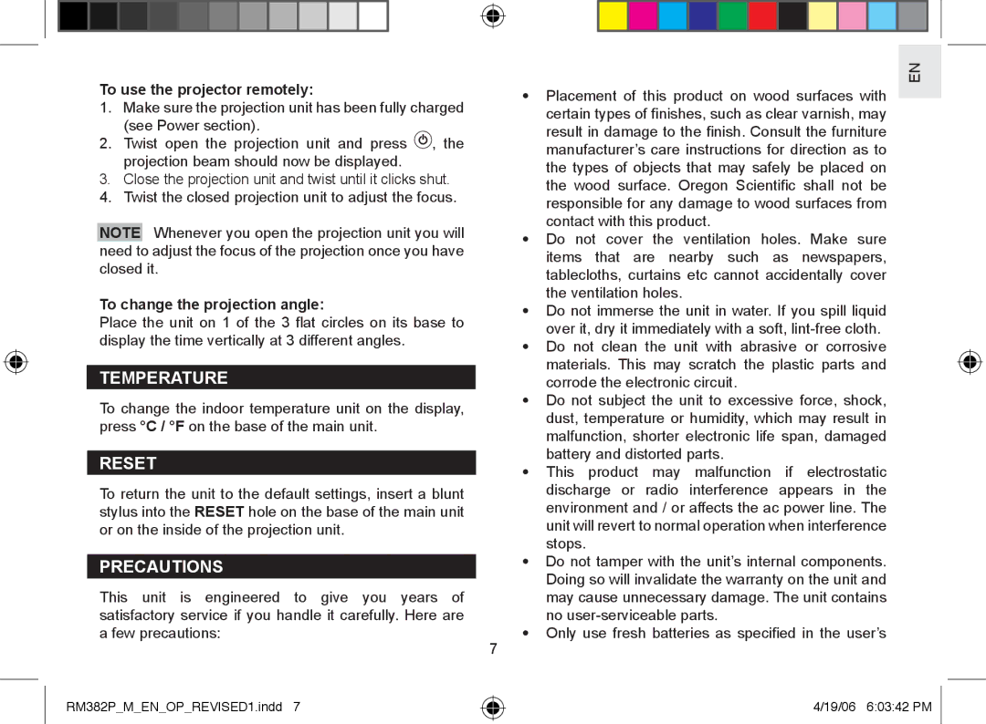 Oregon RM382P user manual Temperature, Reset, Precautions, To use the projector remotely, To change the projection angle 