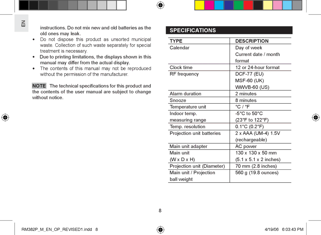 Oregon RM382P user manual Specifications, Type Description 